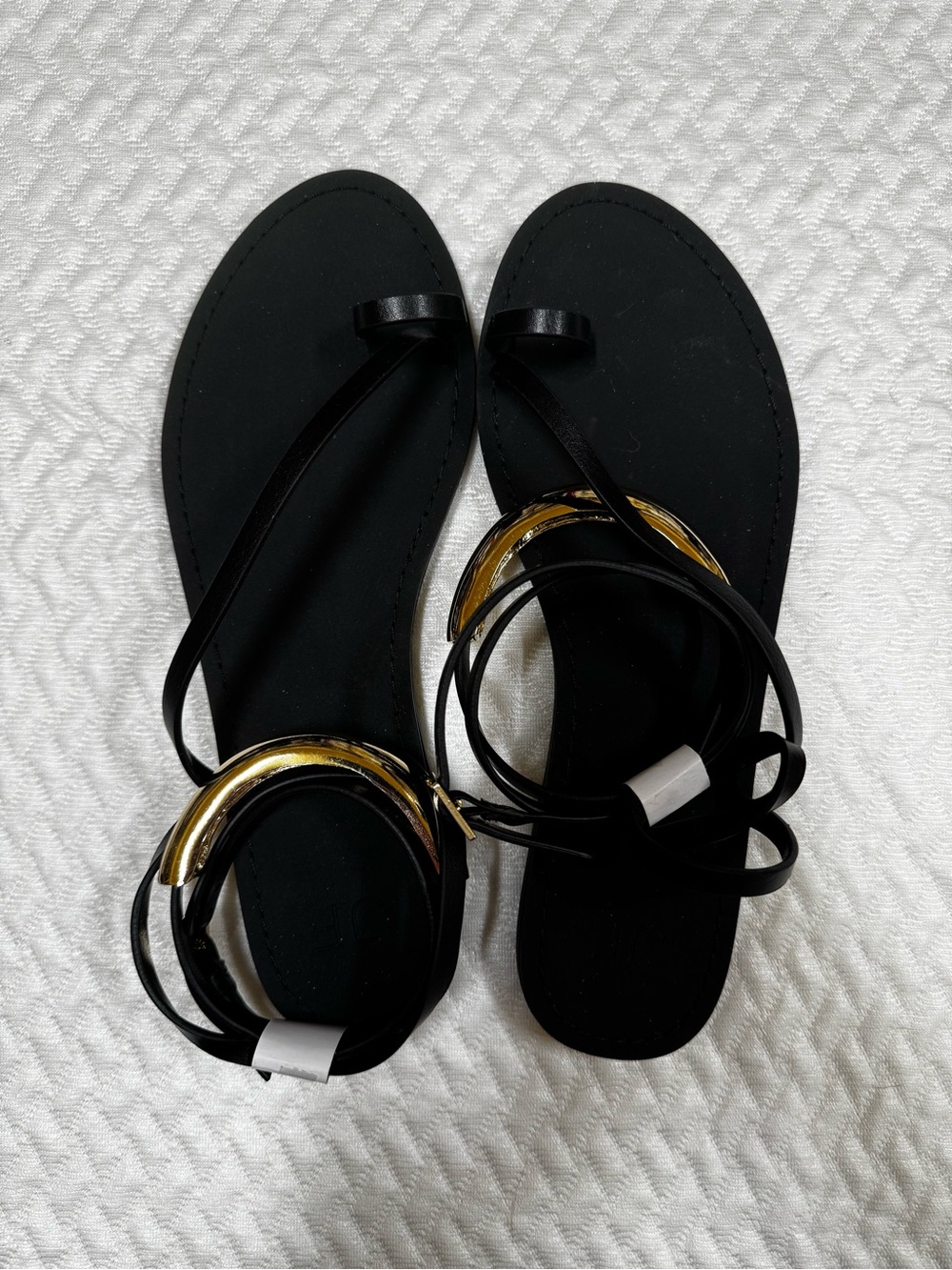 JustFab Black Wrap Sandals with Gold Ring Accent